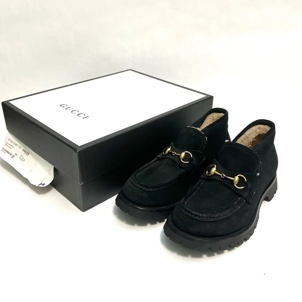GUCCI | Mens black suede shearling lined Harald Horsebit platform loafers